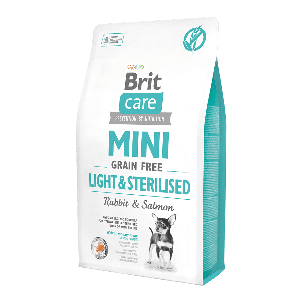 07dee9ad26a68d985cdad825dcdb22ab Brit Care Mini Light & Sterilised begrūdis sausas ėdalas šunims su triušiena, lengvai nutukusiems arba sterilizuotiems, 2 kg - Image 1