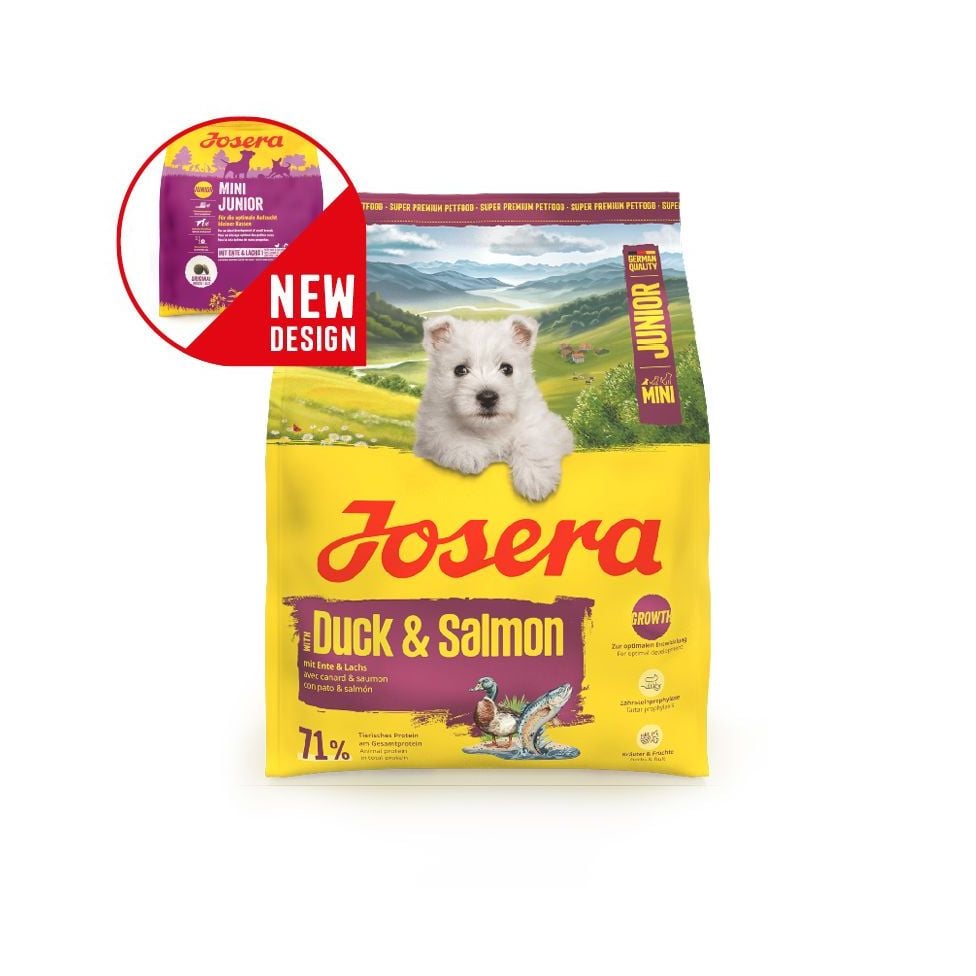 Mini_Junior_withDuckSalmon Josera Mini Junior Duck&Salmon sausas ėdalas mažų veislių šuniukams ir jauniems šunims su antiena ir lašiša, 900 g - Image 1